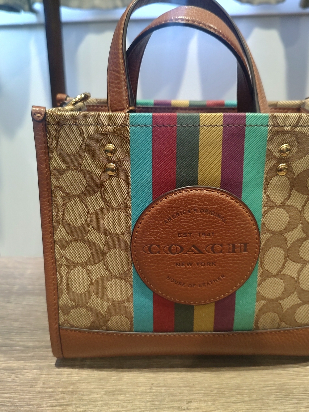 Coach Dempsey Tote 22 Jacquard Leather Khaki Redwood RainbowWith Matching Wallet